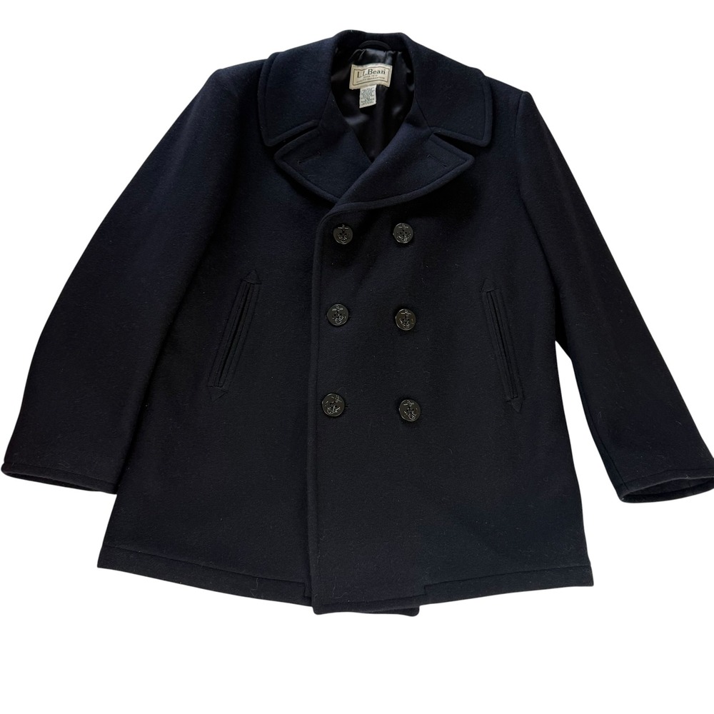 LL Bean Sterlingwear of Boston Wool Pea Coat Navy Blue Anchor Collection L Reg